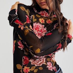 Floral Black Sheer Mock Turtleneck Top